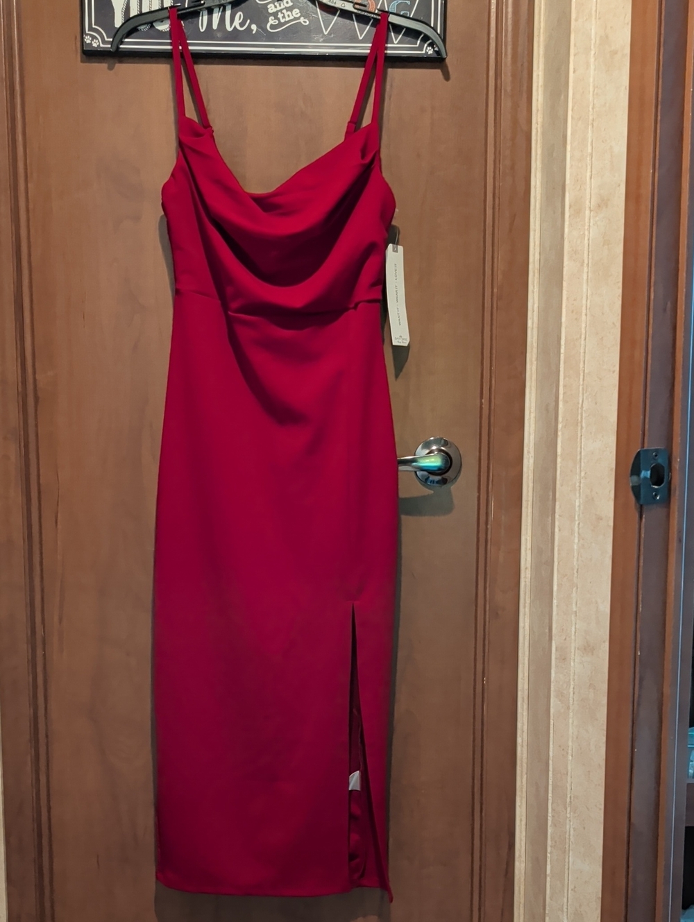 Almost Famous Crimson Cowl Neck Midi Dress with Front Slit